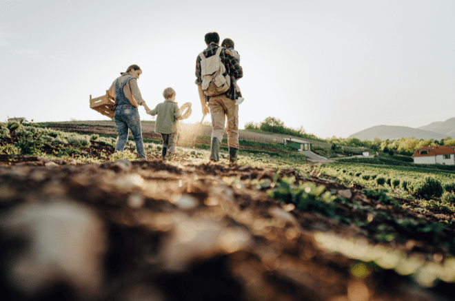 a family walk through a farmers field, estate planning