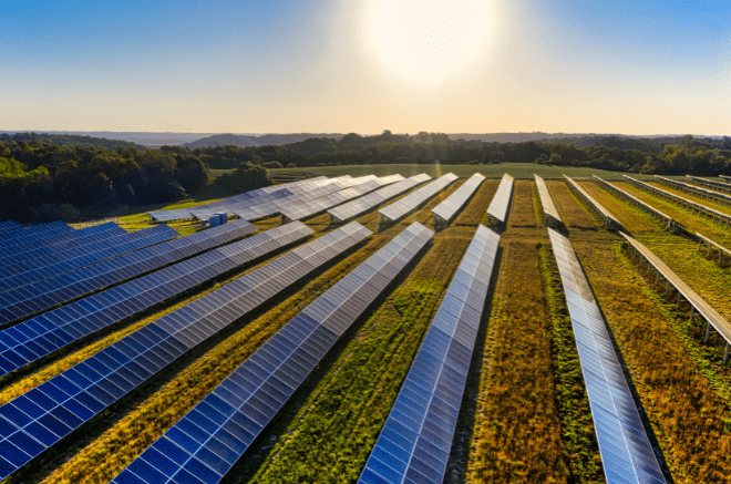 aerial shot of a solar farm