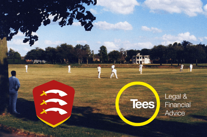 image of a cricket match with tees and essex cricket logos over top